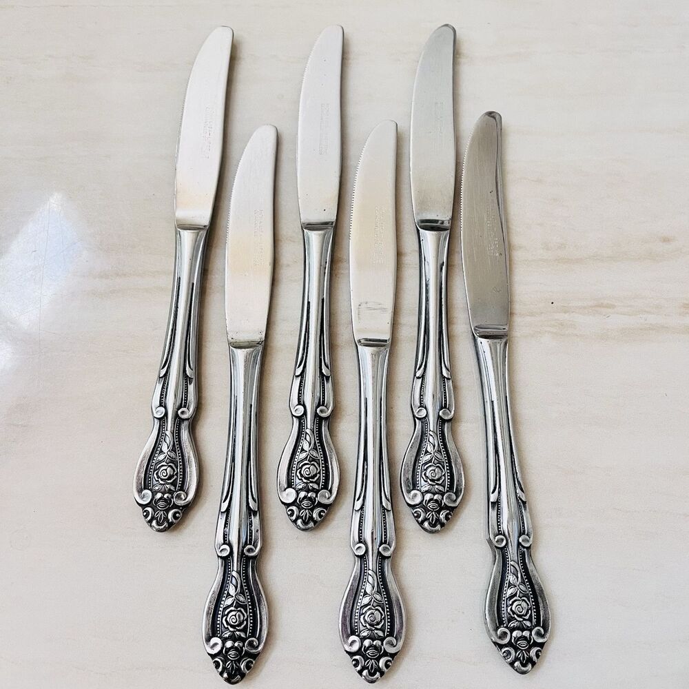 6pc Mona Lisa Lifetime Guaranteed Stainless Dinner Knife 8 3/8” Roses Japan